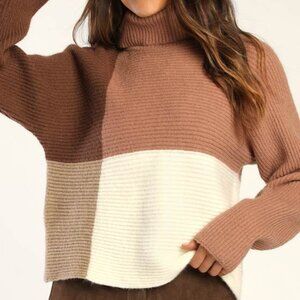Lulus Snow Into You Brown Color Block Turtleneck Pullover Sweater - Size M